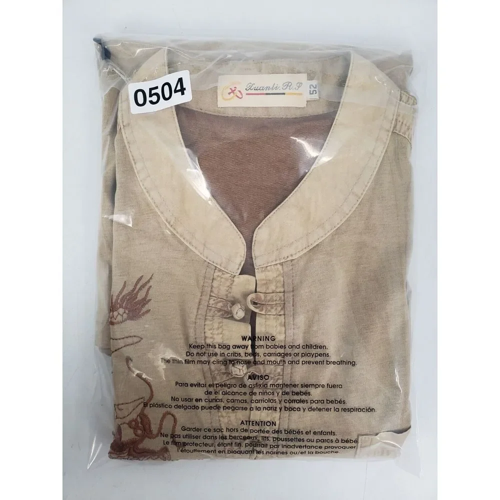 Embroidered Chinese Dragon 100% Cotton Shirt Size 52 Toggle w/ Band‎ Collar